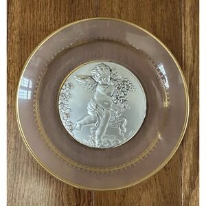 Vintage Castellani Pink Glass Plate With Cherub Angel Silver plated & gold  trim